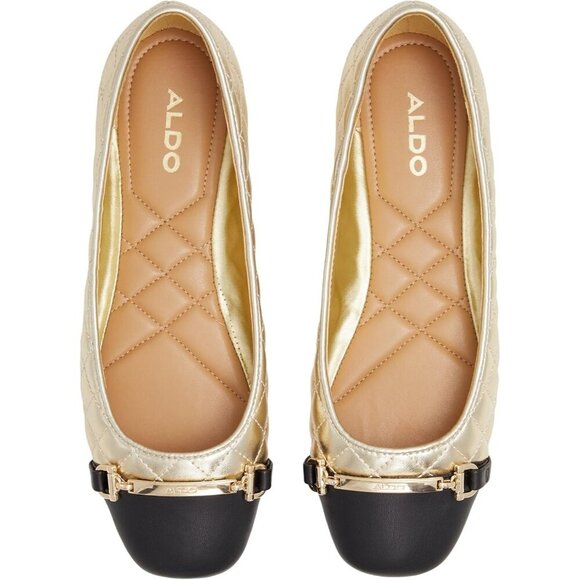Aldo Womens Gold Synthetic Closed Square Toe Low Wedge Heel Leanne Ballet Flat - Picture 6 of 6